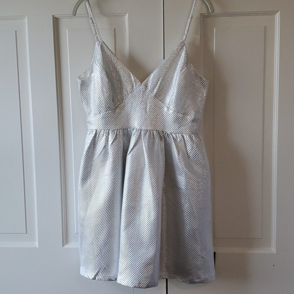 NWT LULUS SILVER DRESS FIT FLARE DRESS V-NECK SPAGHETTI STRAP LOW BACK MEDIUM